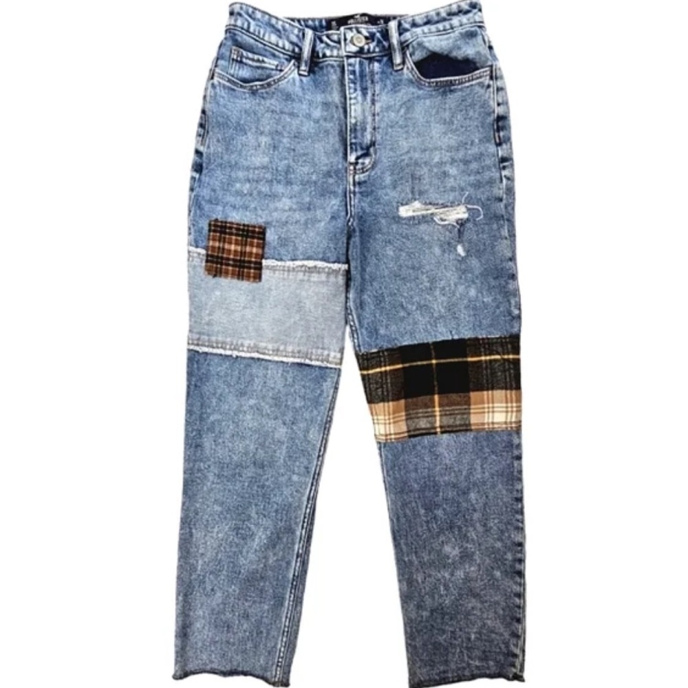 Hollister ultra high rise mom‎ patchwork vintage stretch flannel patches jeans